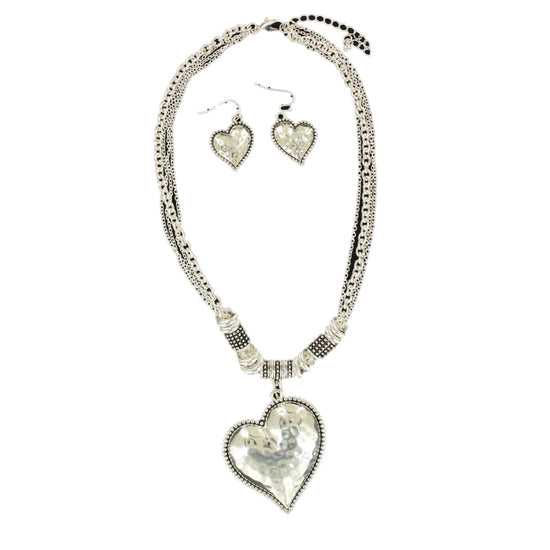Blazin Roxx Hammered Heart Silver Earring & Necklace 29466
