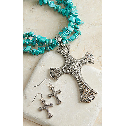 M&F® Ladies Turquoise Beads & Cross Pendant Jewelry Set 29736