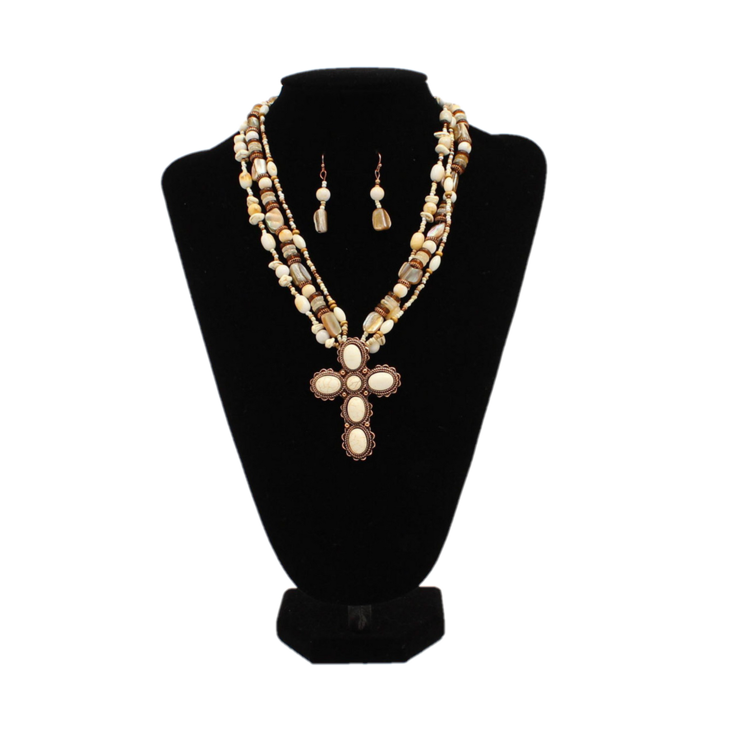 M&F® Ladies Copper & Beaded Cross Necklace Jewelry Set 30429