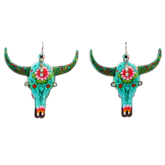 Blazin Roxx® Ladies Cow Skull Floral Multi-Colored Earrings 30949