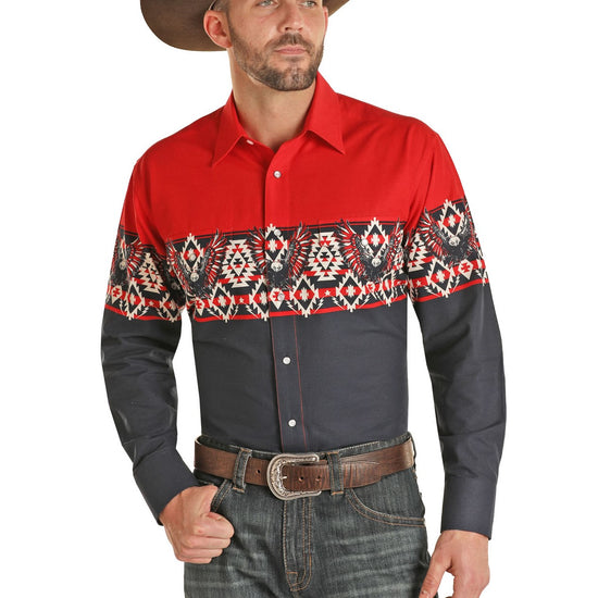 Panhandle Mens Eagle Aztec Border Print Navy Button-Down Shirt 30S1271