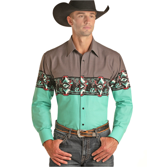 Rock & Roll Cowboy® Men's Grey & Turquoise Button Down Shirt 30S2001