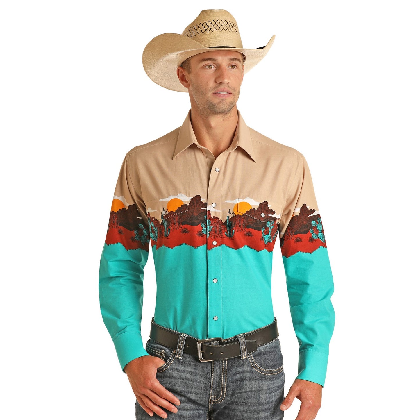 Panhandle Men's Long Sleeve Scenic Border Turquoise Snap Shirt 30S3012