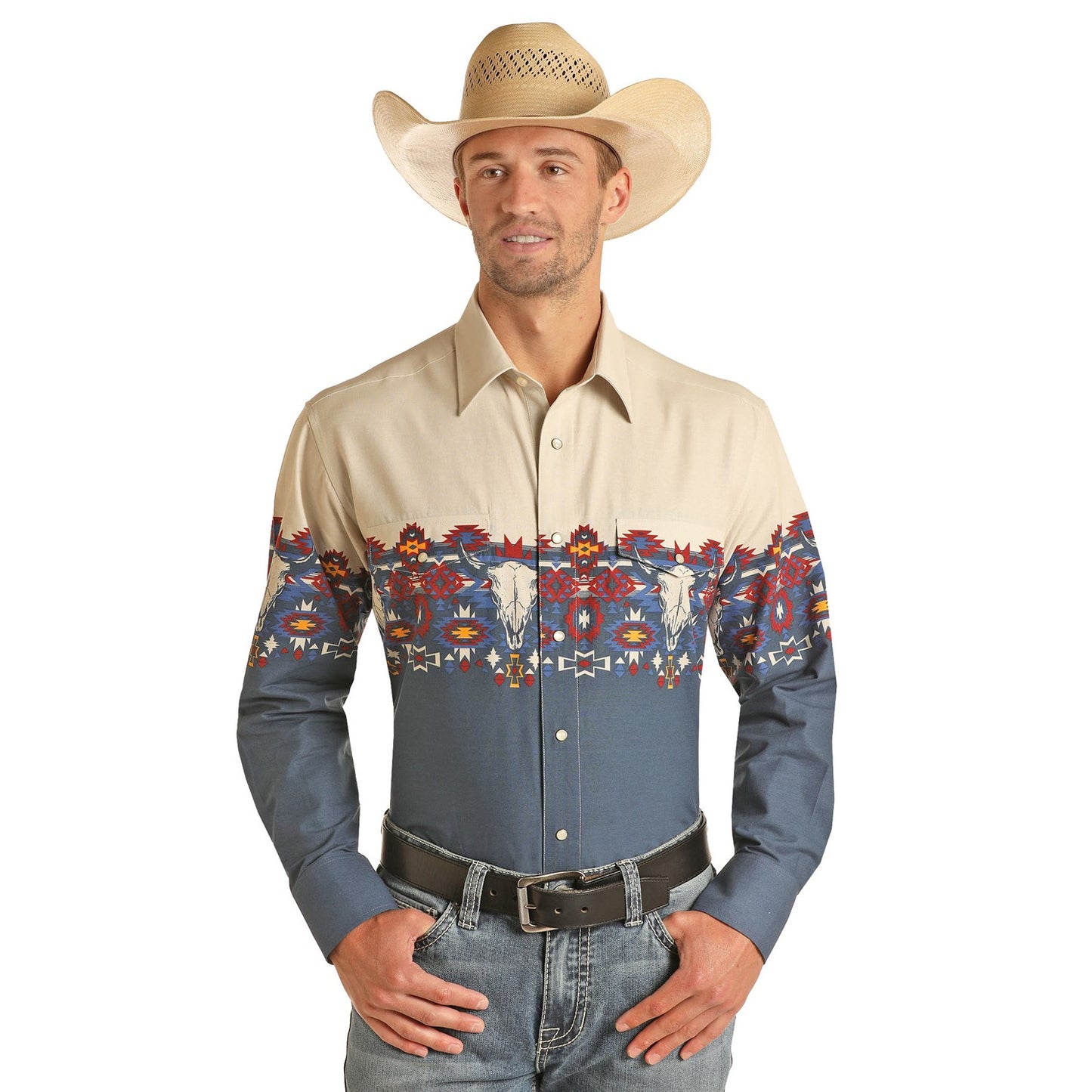 Panhandle Men's Long Sleeve Aztec Border Navy Snap Shirt 30S3013