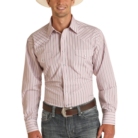 Panhandle Men's 80/20 Pink Long Sleeve Snap Satin Dobby Stripe Shirt 30S7703