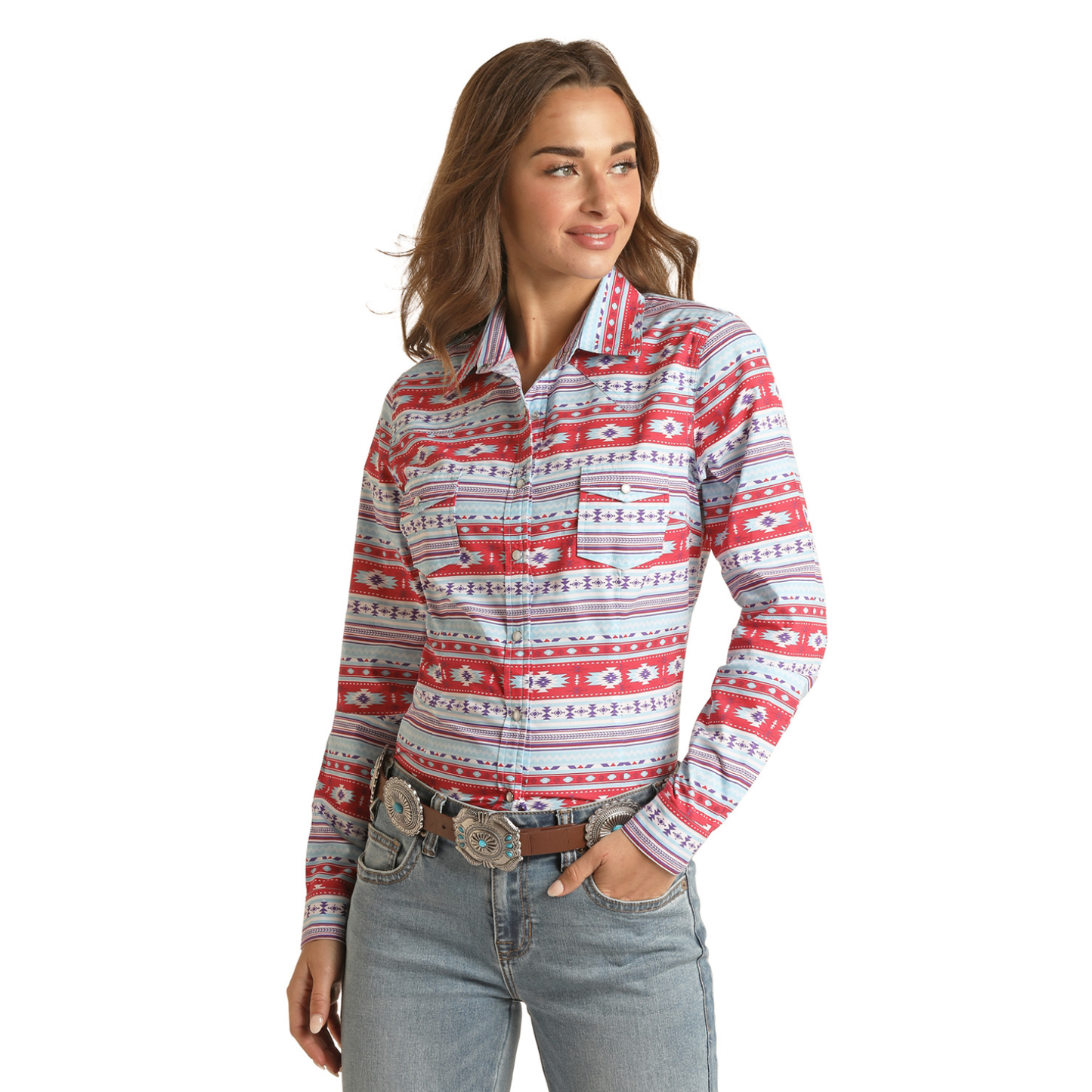 Panhandle Red Label® Ladies Red And Blue Aztec Print Snap Down Shirt RLWSOSRZHT