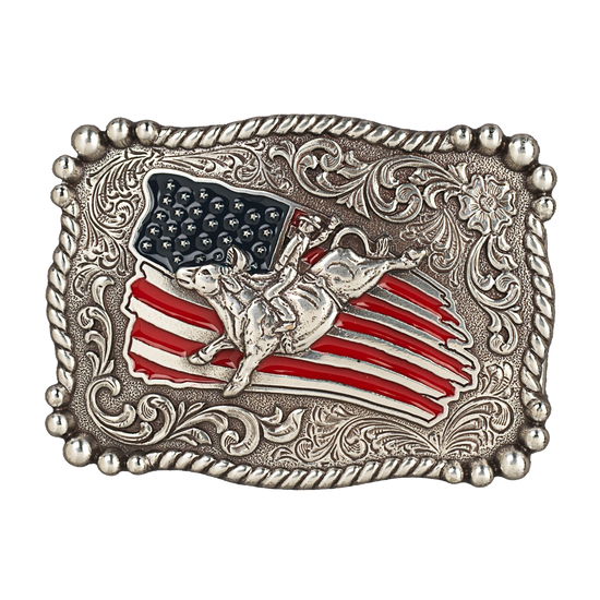 Nocona Youth Rectangle Distressed Flag American Bull Rider Belt Buckle 36107