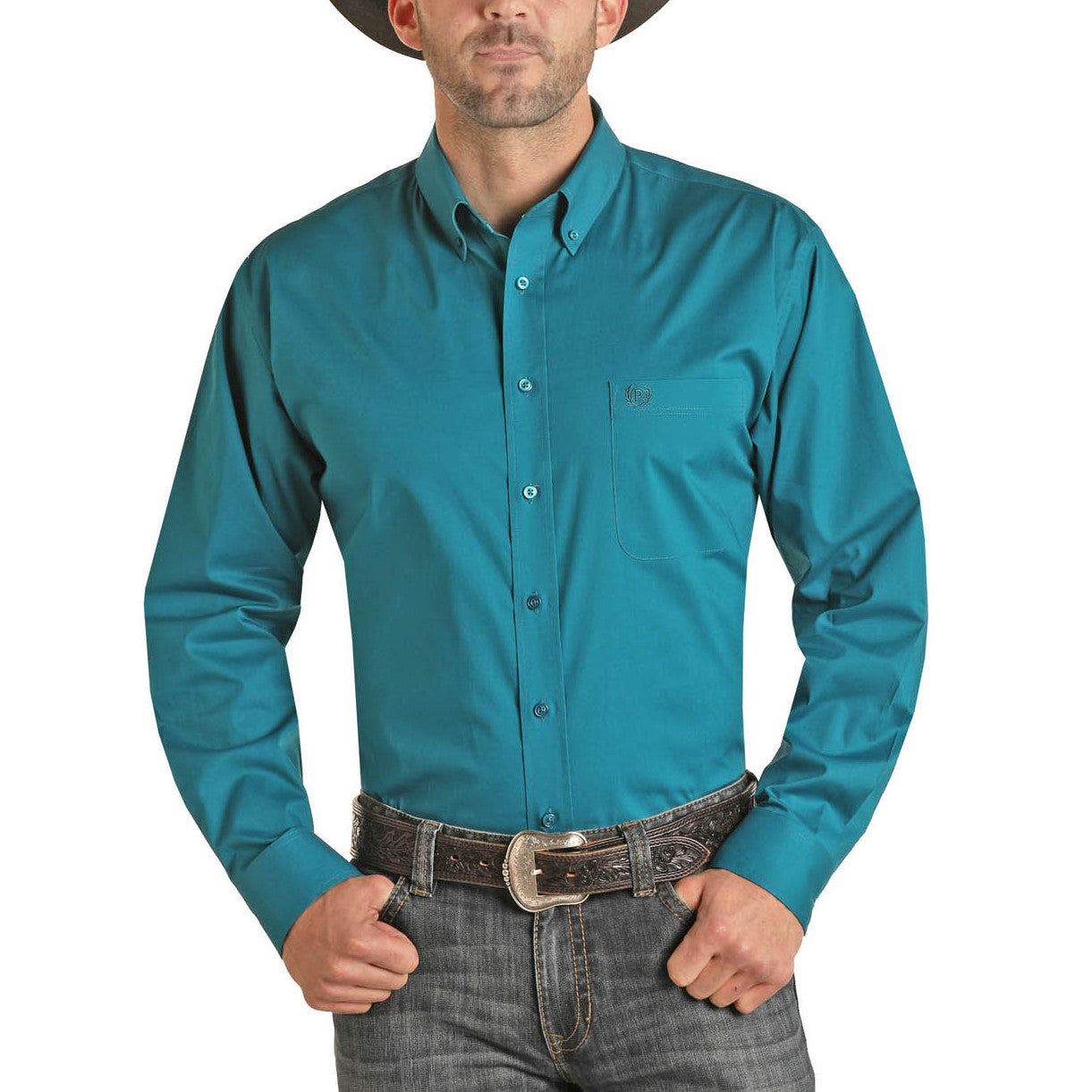 Panhandle Men's Solid Stretch Teal Button-Down Shirt 36D1601