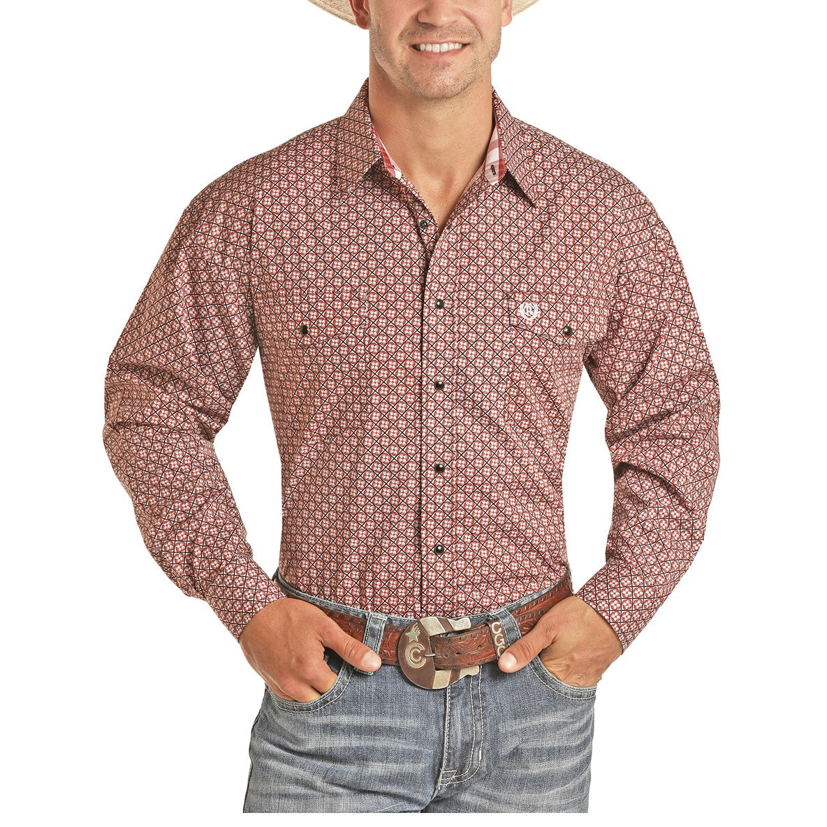 Load image into Gallery viewer, Panhandle Select Men&amp;#39;s Poplin Print Long Sleeve Red Shirt 36D5015

