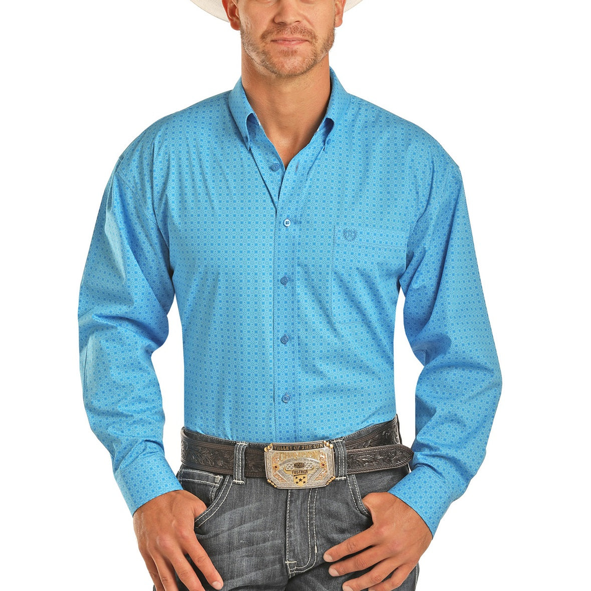 Load image into Gallery viewer, Panhandle Men&amp;#39;s Peached Poplin Print Blue Button Down Shirt 36S1554
