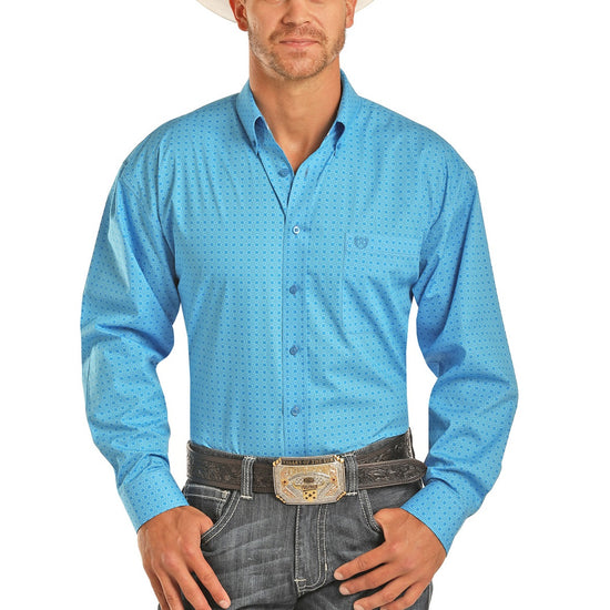Panhandle Men's Peached Poplin Print Blue Button Down Shirt 36S1554