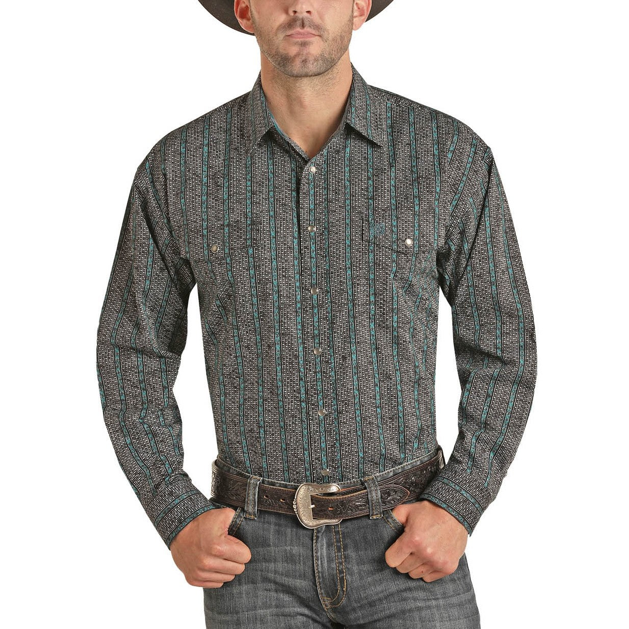 Panhandle Men's Long Sleeve Printed Teal Snap Shirt 36S1604