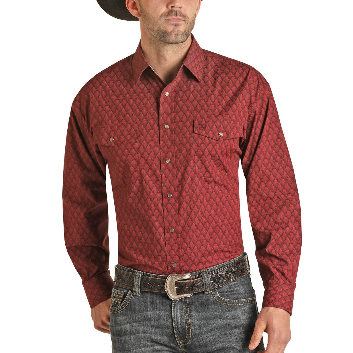 Panhandle Men's Long Sleeve Printed Maroon Snap Shirt 36S1616