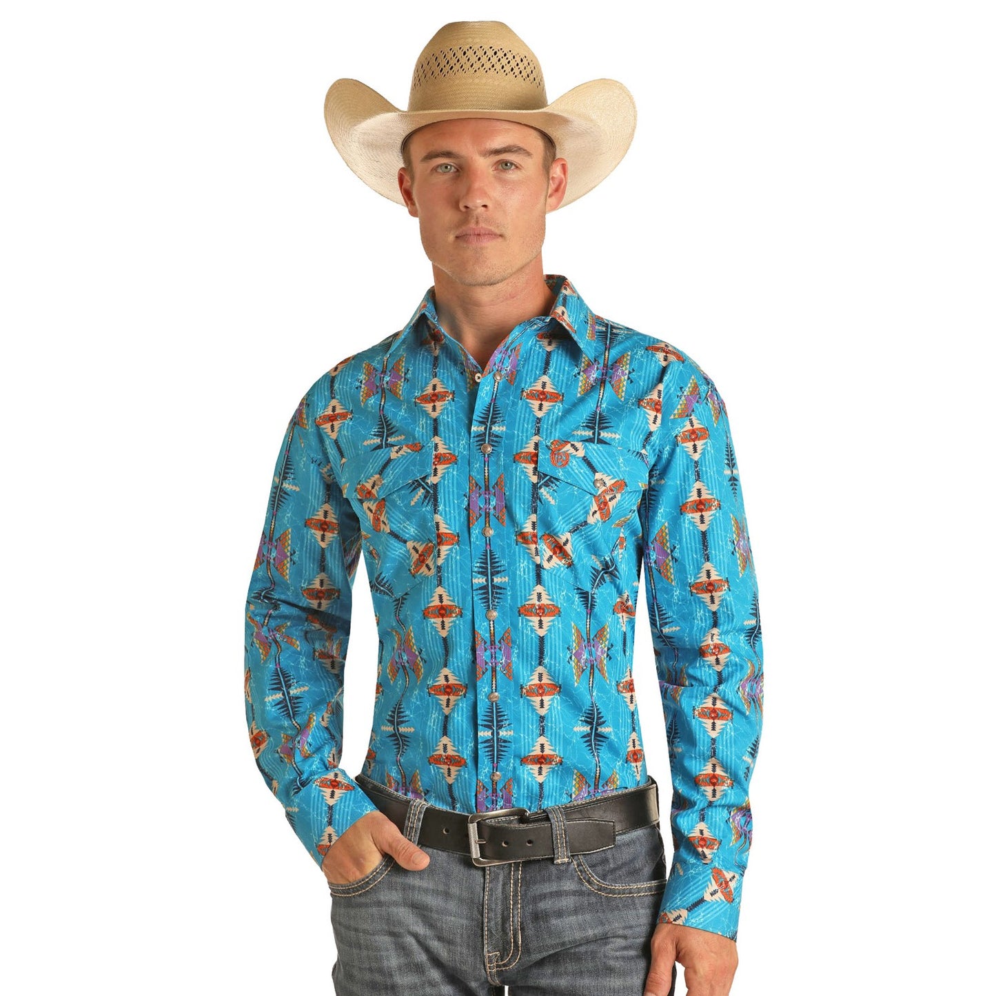 Rock & Roll Cowboy Men's Aztec Bright Turquoise Snap Shirt 36S3165