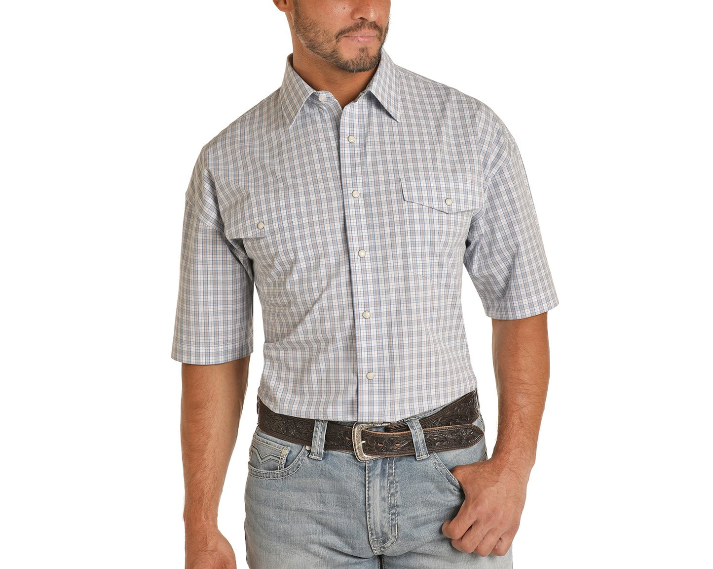 Panhandle Men's Short Sleeve Sky Blue Check Snap Shirt 37S9342-48