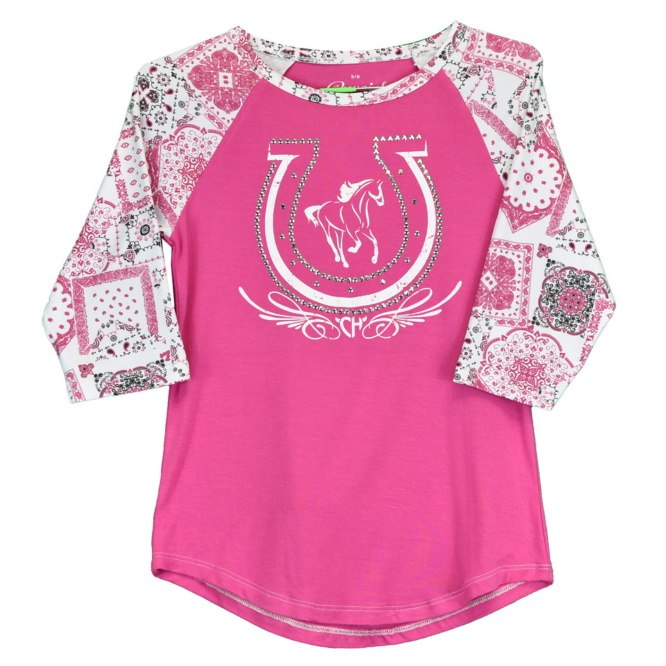 Cowgirl Hardware® Girl's Pink Horseshoe Raglan Sleeve Tee 455236-150