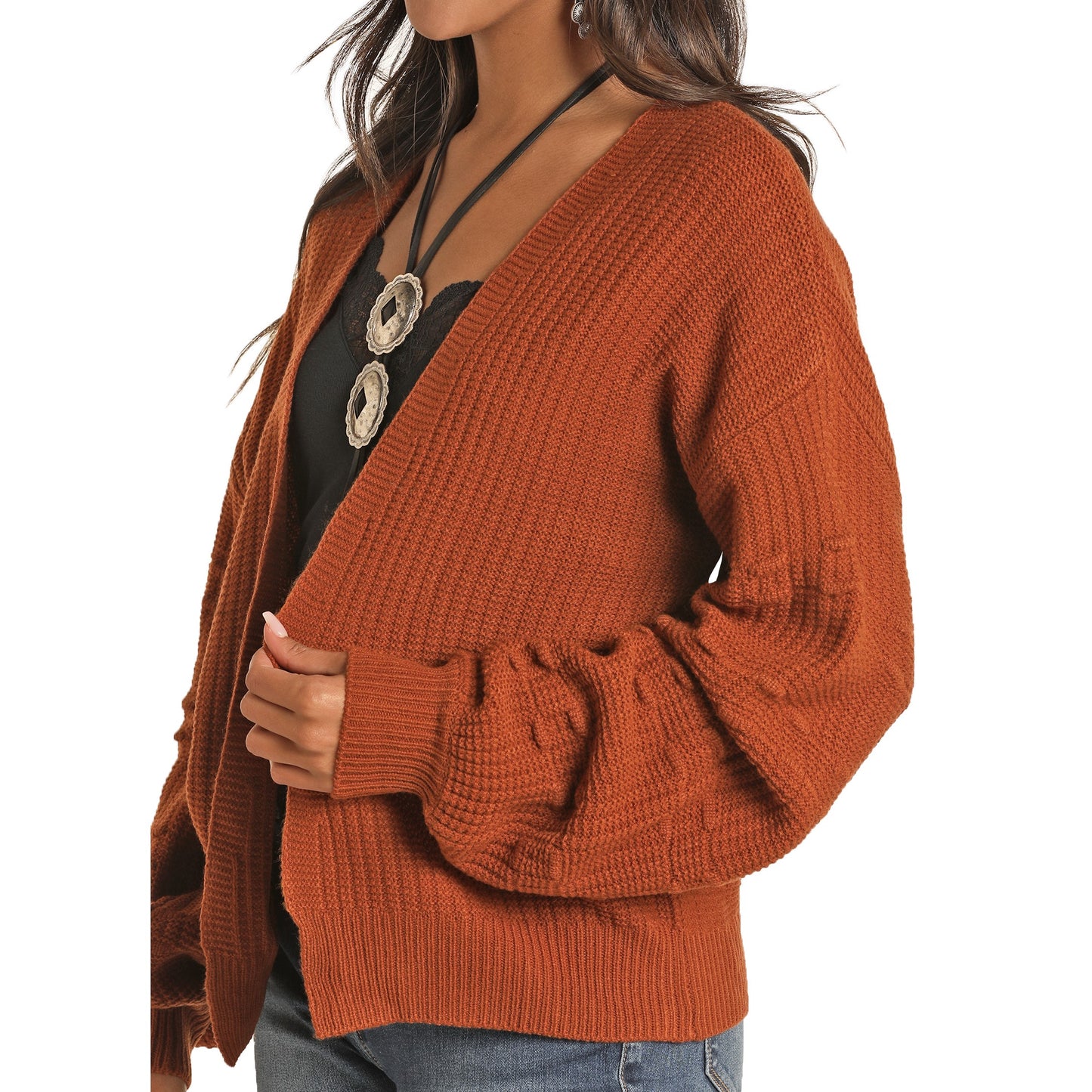 Rock & Roll Cowgirl Ladies Open Front Rust Knit Cardigan 46-1159-90