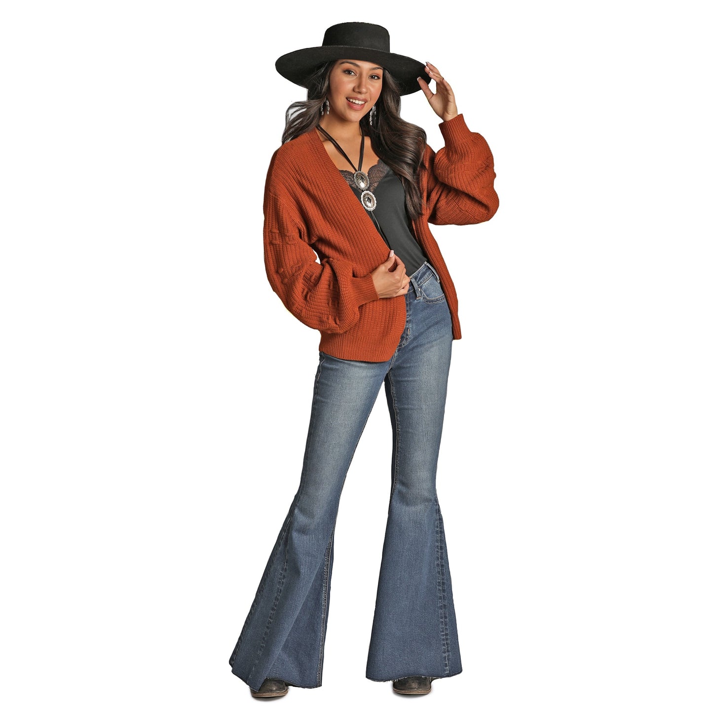 Rock & Roll Cowgirl Ladies Open Front Rust Knit Cardigan 46-1159-90