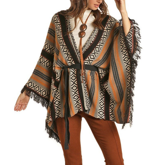 Rock & Roll Cowgirl Ladies Knitted Striped Poncho Shirt 46-1162-42