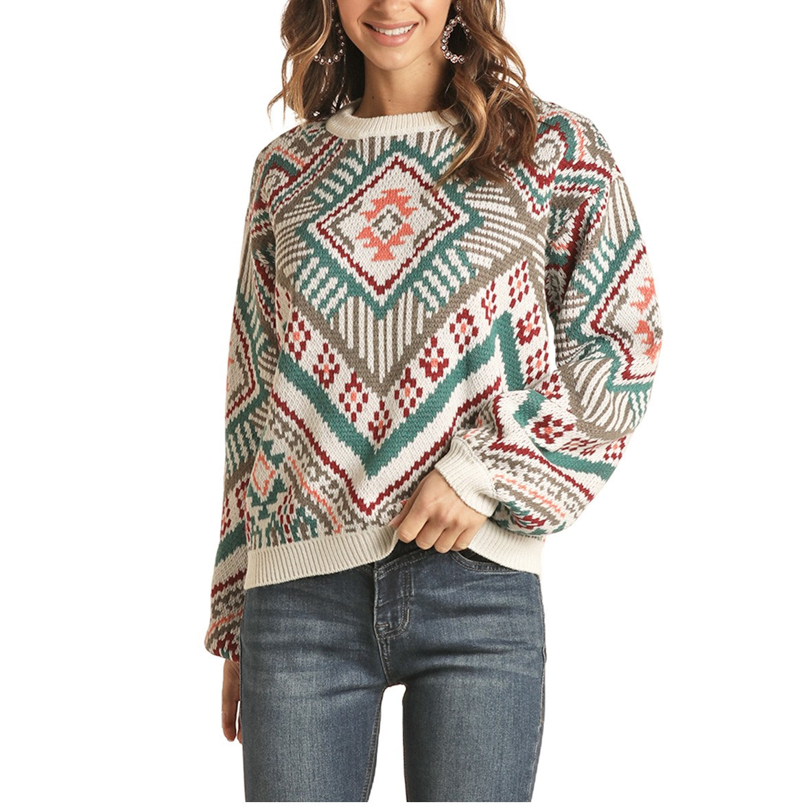 Rock & Roll Cowgirl Ladies Aztec Multicolor Sweater 46-1169-99