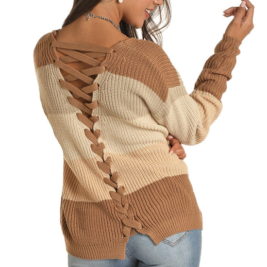 Rock & Roll Cowgirl® Ladies Tan Lace Up Back Sweater Top 46-1178