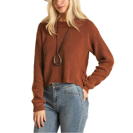 Rock & Roll Cowgirl Ladies Side Slit Brown Knit Sweater 46-1181-24