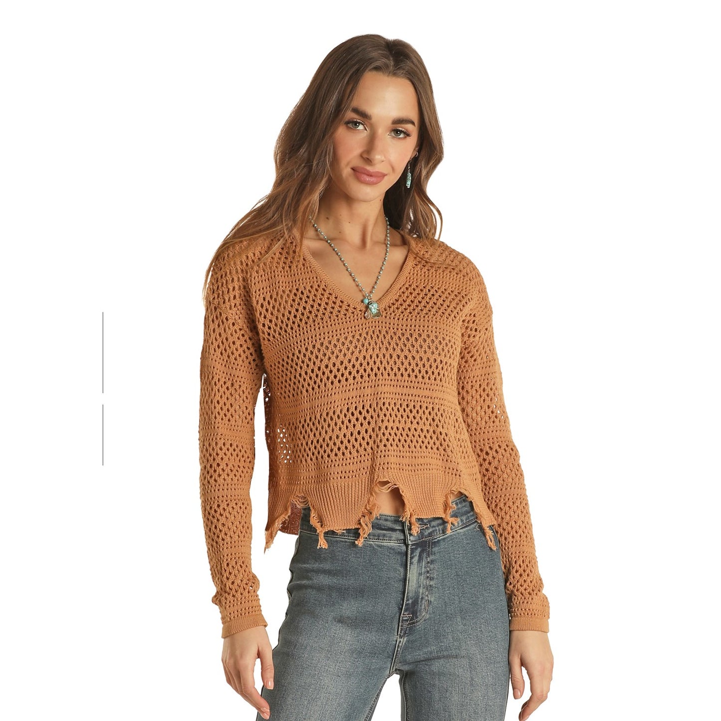 Rock & Roll Cowgirl® Ladies Fringe Hem Camel Sweater 46-2355