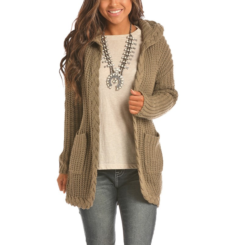 Rock & Roll Cowgirl Braided Knit Long Sleeve Olive Cardigan 46-2915