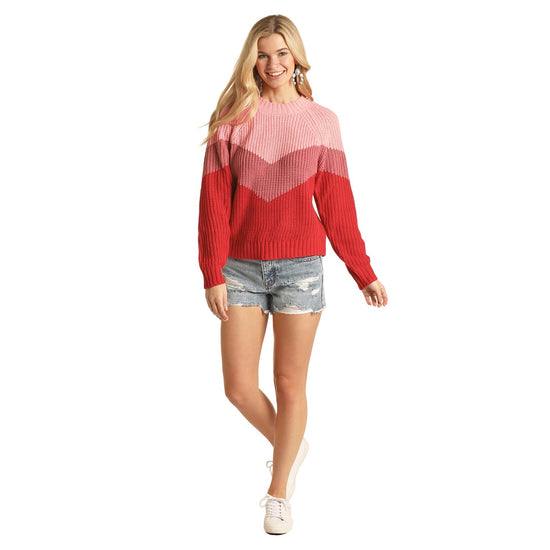 Rock & Roll Cowgirl® Ladies Red Chevron Colorblock Sweater 46-3218