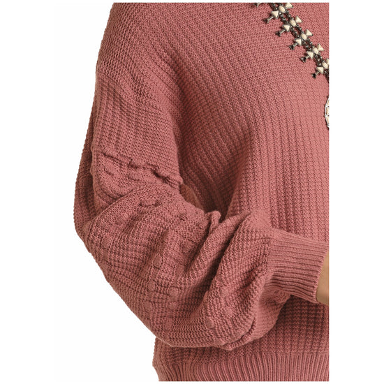 Rock & Roll Cowgirl Ladies Bubble Sleeve Rose Knit Sweater 46-7676