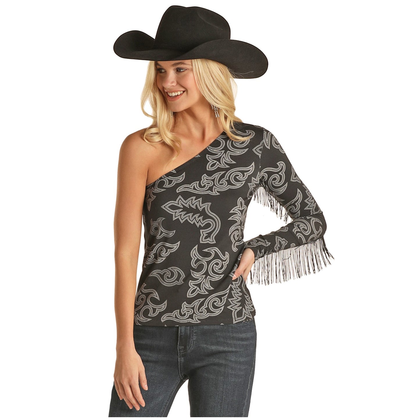 Rock & Roll Cowgirl® Ladies Black Bootstitch One Sleeve Top 47-2387