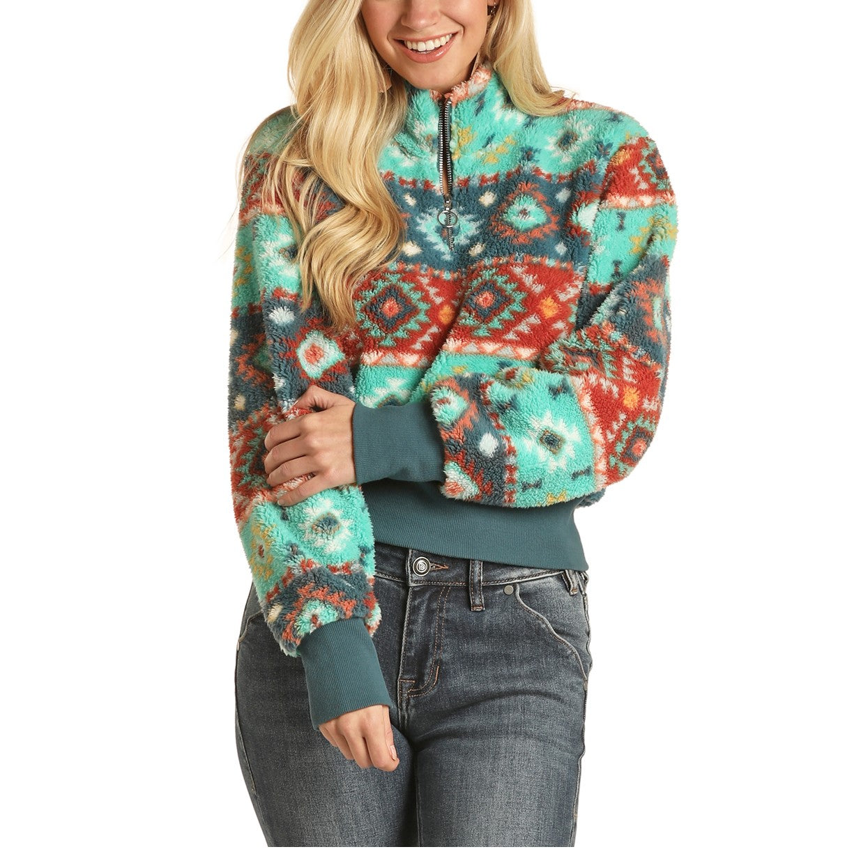 Rock & Roll Cowgirl Ladies Aztec Turquoise Pullover Sweater 48T1198-86