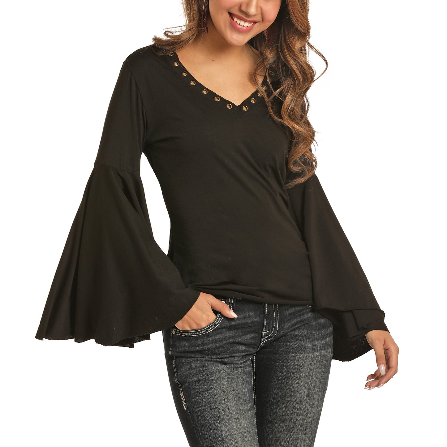 Load image into Gallery viewer, Rock &amp;amp; Roll Cowgirl Ladies Black Exaggerated Bell Sleeve Shirt 48T3140
