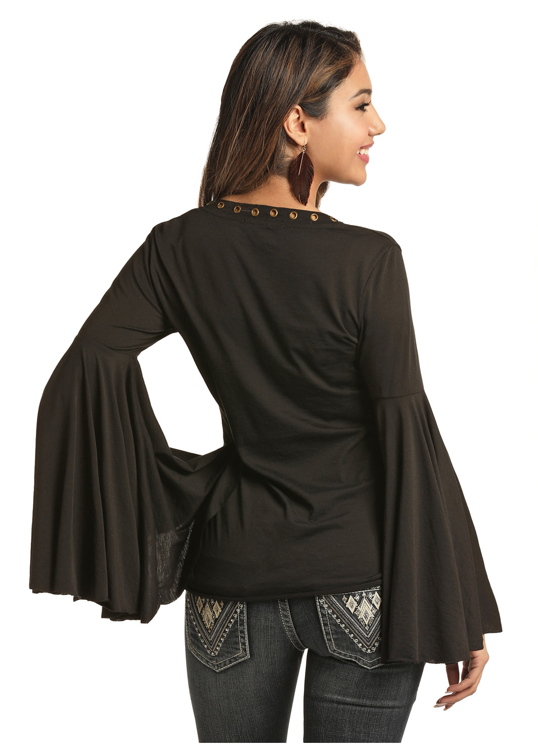 Load image into Gallery viewer, Rock &amp;amp; Roll Cowgirl Ladies Black Exaggerated Bell Sleeve Shirt 48T3140
