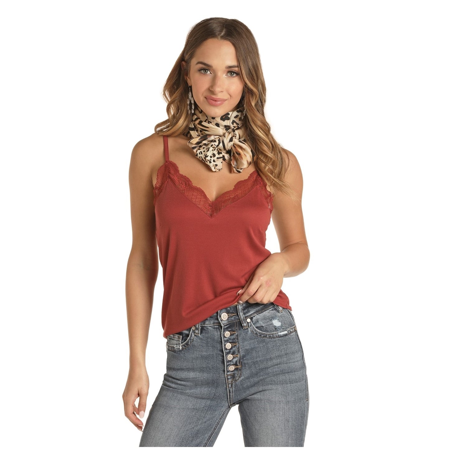Rock & Roll Cowgirl Women's Rib Knit Lace Trim Cami Shirt 49-8397