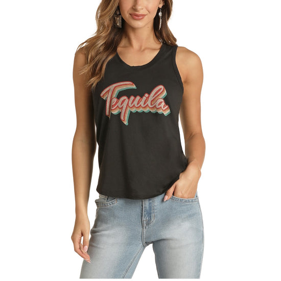 Rock & Roll Cowgirl Ladies Black Graphic Tank Top 49-9924