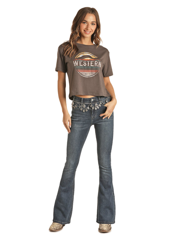 Rock & Roll Cowgirl Ladies Cropped Charcoal Graphic T-Shirt 49T1152-02