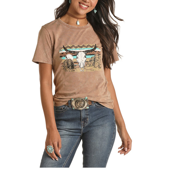 Rock & Roll Cowgirl Ladies Taupe Steer Skull Graphic T-Shirt 49T1176-26