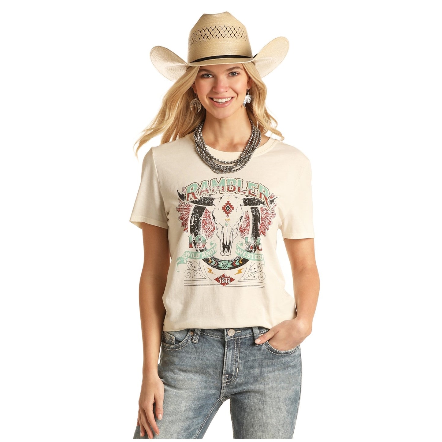 Rock & Roll Cowgirl Ladies Rambler Bull Skull Graphic Print T-Shirt 49T3232