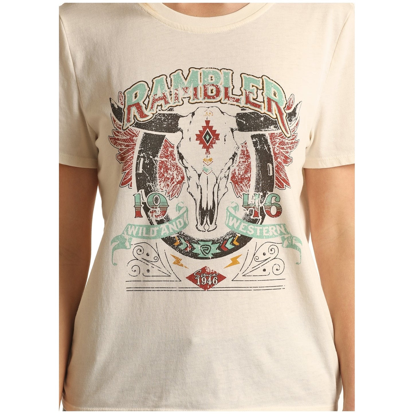 Rock & Roll Cowgirl Ladies Rambler Bull Skull Graphic Print T-Shirt 49T3232