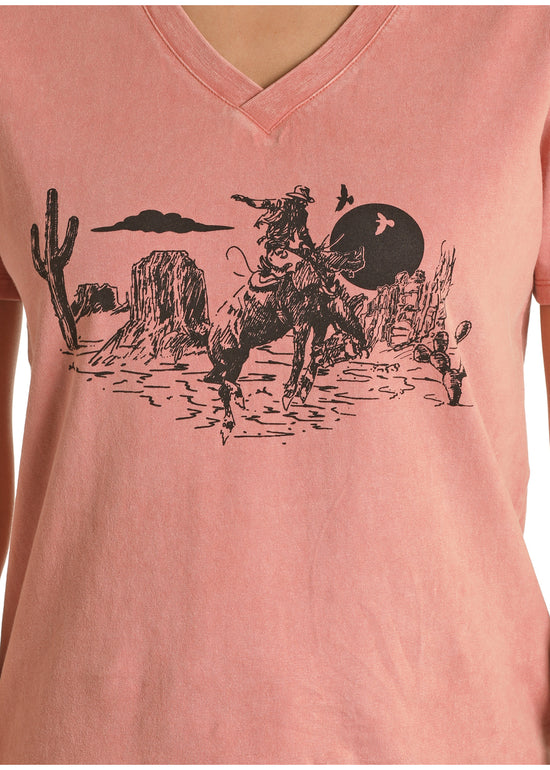 Rock & Roll Cowgirl Ladies Desert Graphic Print Rust T- Shirt 49T8394