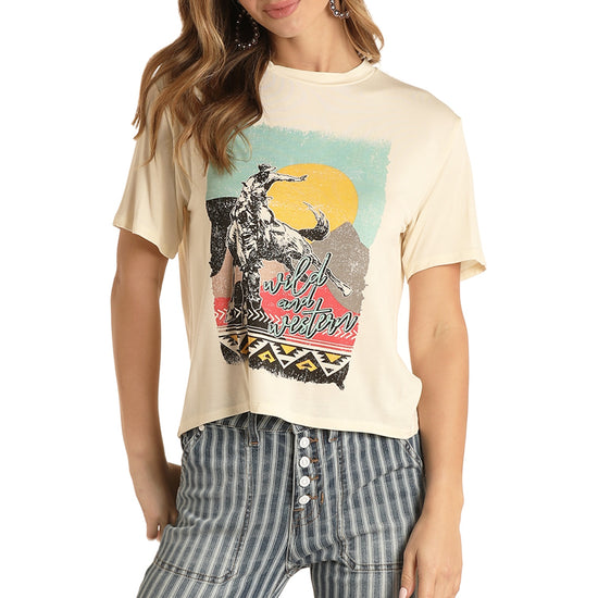 Rock & Roll Cowgirl Ladies Short Sleeve Cream Graphic T- Shirt 49T8407