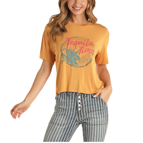 Rock & Roll Cowgirl Ladies Short Sleeve Mustard Graphic T- Shirt 49T8411