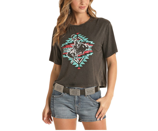 Rock & Roll Cowgirl Ladies Graphic Print Black T- Shirt 49T8423