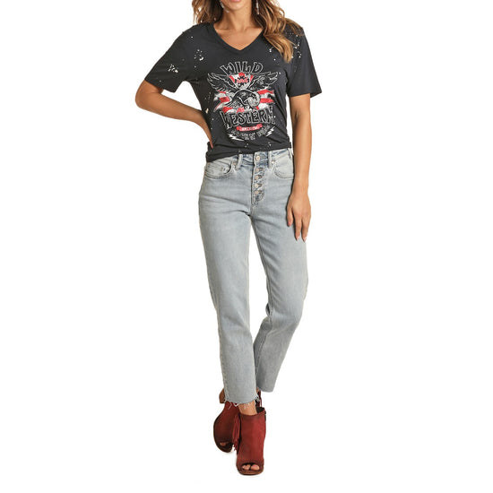 Rock & Roll Cowgirl Ladies Wild Western Navy V-Neck Shirt 49T9946