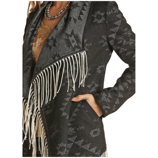Powder River Ladies Aztec Black Jacquard Wool Fringe Jacket 52-1016-01