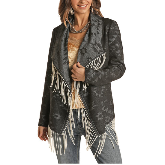 Powder River Ladies Aztec Black Jacquard Wool Fringe Jacket 52-1016-01
