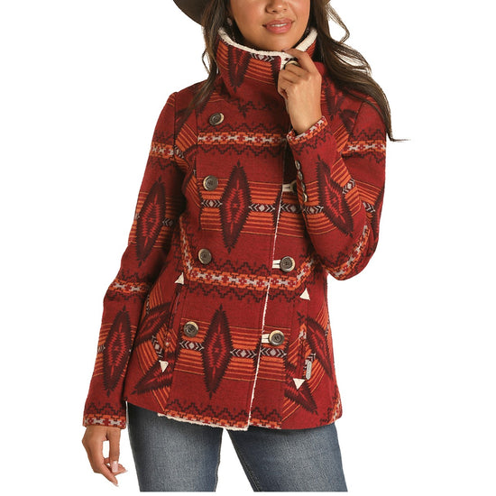 Powder River Ladies Aztec Jacquard Red Wool Coat 52-1019-65