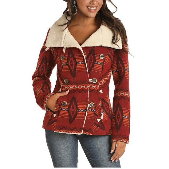 Powder River Ladies Aztec Jacquard Red Wool Coat 52-1019-65