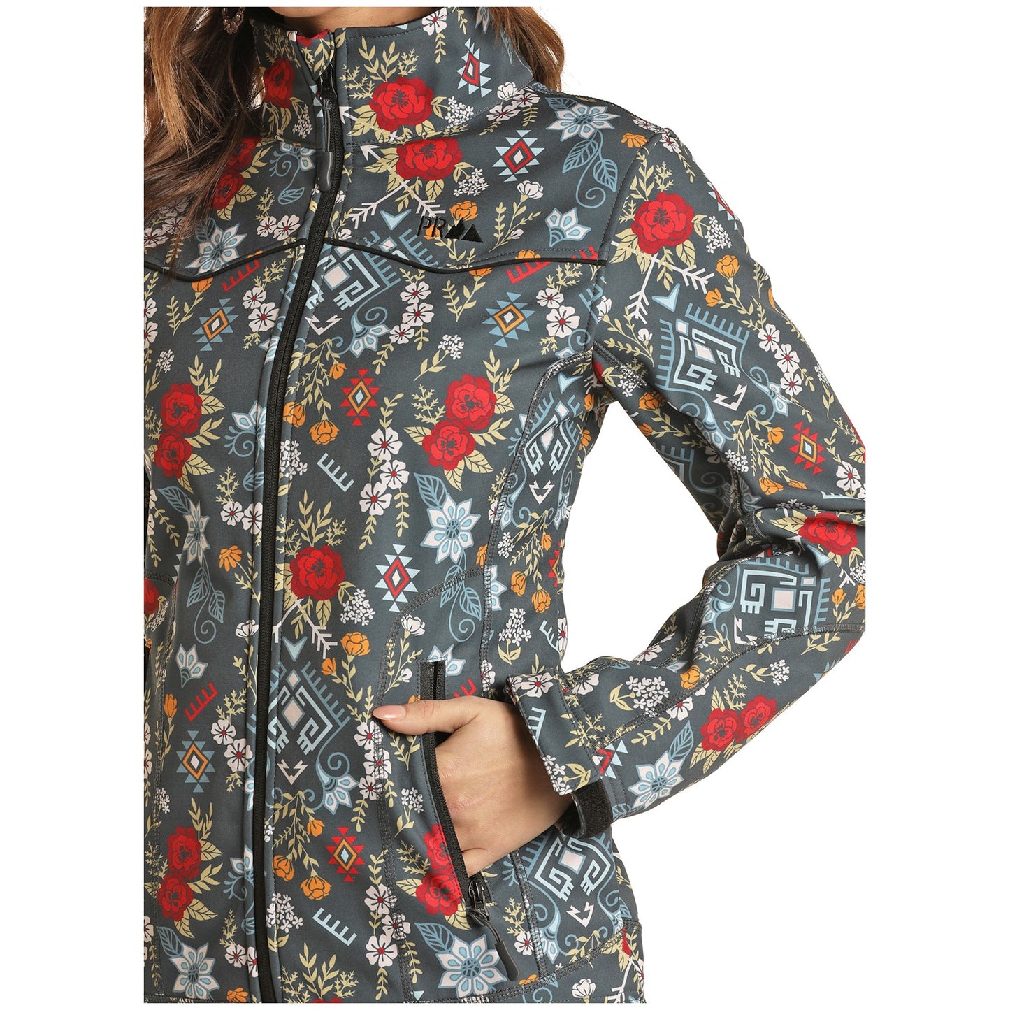 Powder River Outfitters Ladies Floral Aztec Charcoal Softshell Jacket 52-1052-02